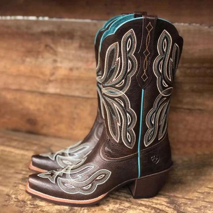 Women's Large Size Elegant Retro Coffee Color Chunky Heel Cowboy Boots