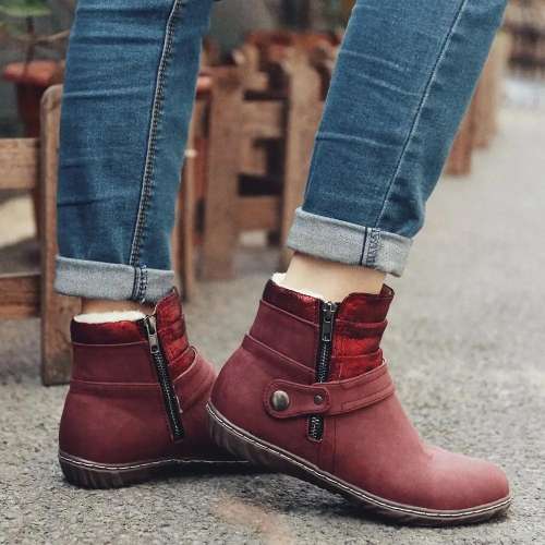 Warm Lining Splicing Non Slip Zipper Casual Flat Winter Ankle Boots