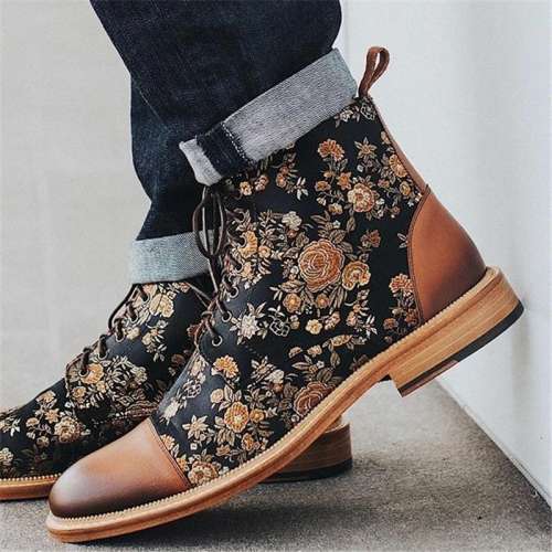 Men's Vintage Flower Stitched Low Heel Lace Up Boots
