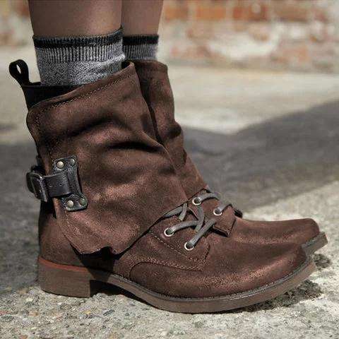Women Vintage Buckle Boots Casual Chic Zipper Boots