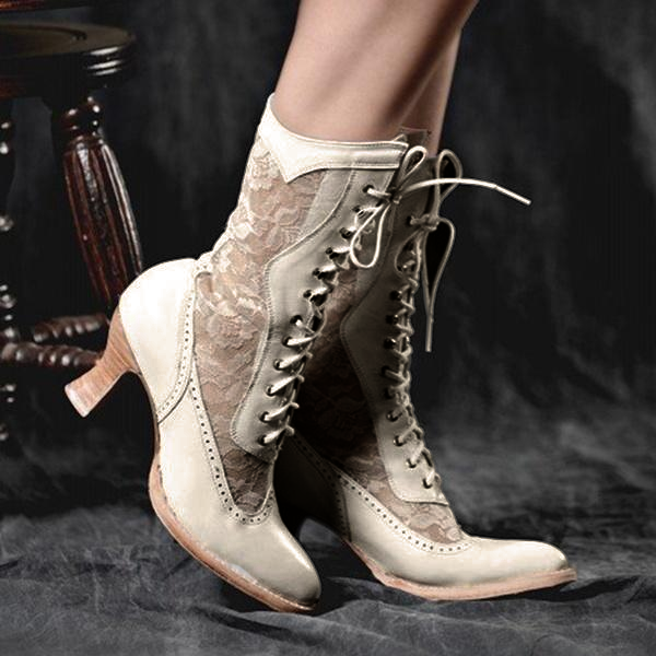 Sexy Lace-Up Front Round Toe Patchwork Vintage Boots
