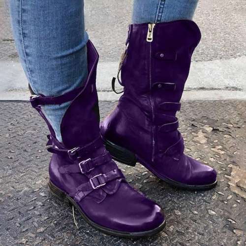 Pu Round Toe Buckle Boots