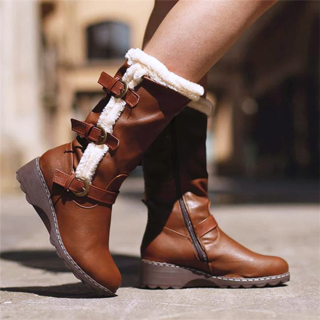 Women Casual Buckle Decor Hit Colors Zipper Cotton Mid-calf Boots