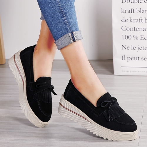 Platform Leather Suede Tassel Without Lace Loafers Shoes