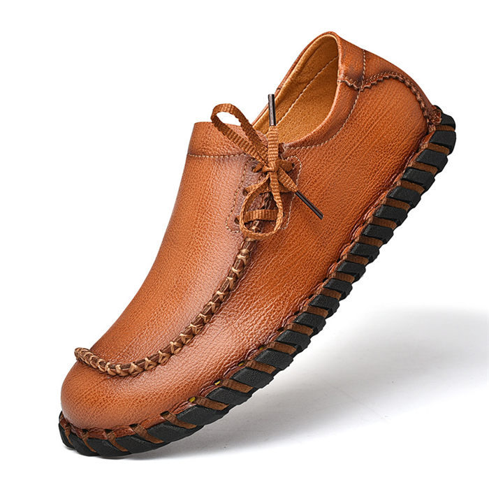 Men Cow Leather Non Slip Hand Stitching Soft Sole Casual Shoes