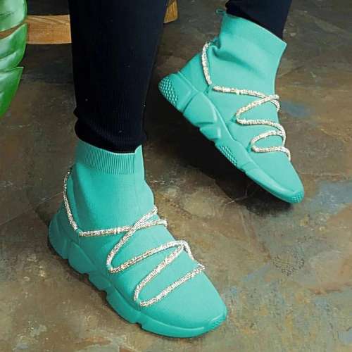 Women Stylish Flyknit Fabric Bling Slip On Platform Sock Sneakers