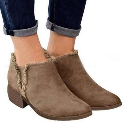 Plain Chunky Mid Heeled Velvet Round Toe Casual Date Ankle Boots
