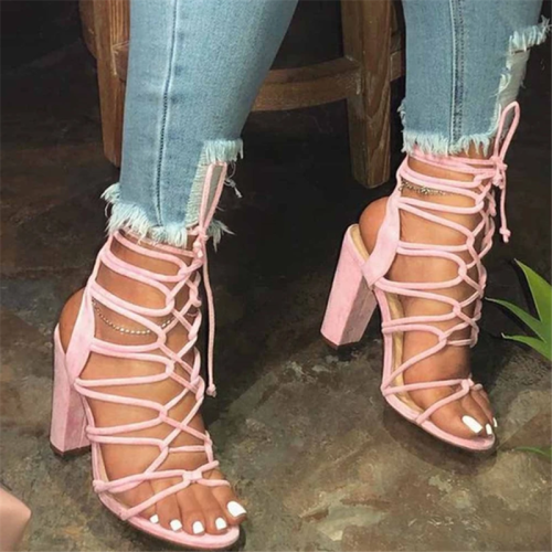 Lace-Up Open Toe Chunky Heel Strappy Plain Sandals