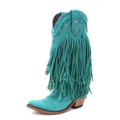 US$ 57.80 - Plus Size Tassel Vintage Leather Chunky Heel Cowboy Boots ...