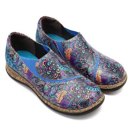 Intricate Floral Printed Leather Slip On Flats