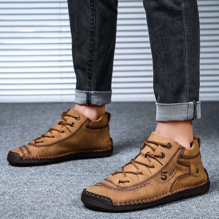 Men Hand Stitching Vintage Microfiber Leather Lace Up Comfy Soft Ankle Boots