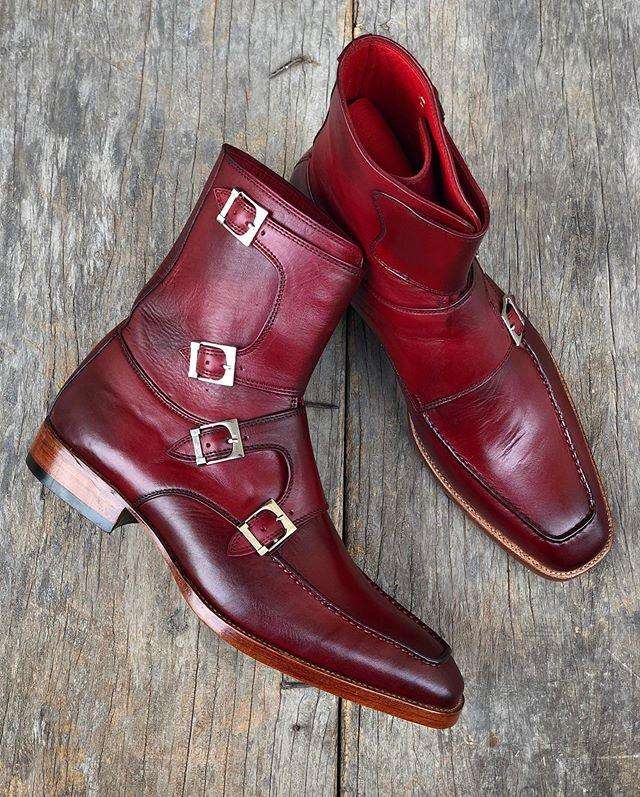 Handmade Men’s Burgundy Colour Quad Monk Strap Boots
