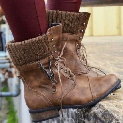 Women‘s Retro Casual All-Match Lace-Up Knitted Stitching Soft Short Boots