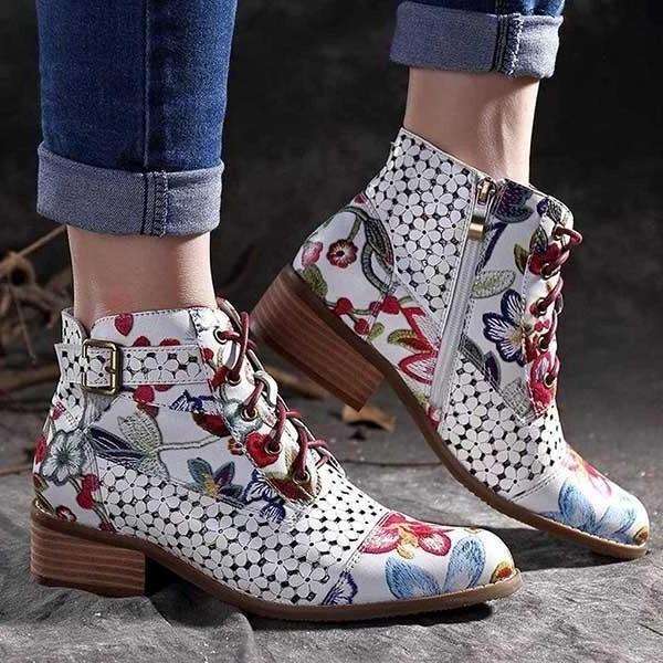 Floral Printed Zipper Date Boots
