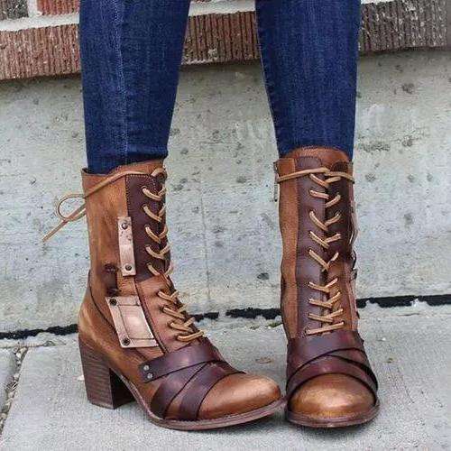 Women's Lace-up Mid-Calf Boots Chunky Heel Boots