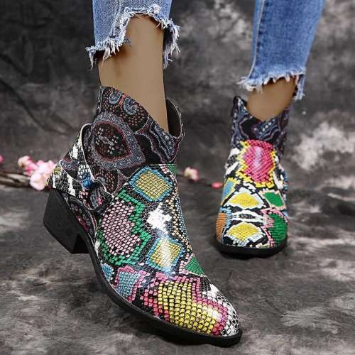Women Chic Snakeskin Characteristic Pattern Mixed Colors Boots