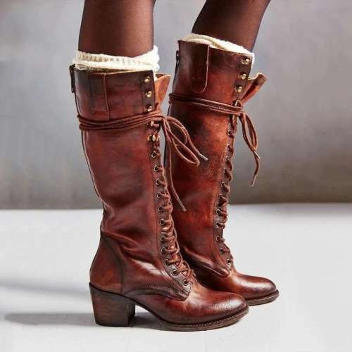 Retro Solid Color Lace-Up Long Boots