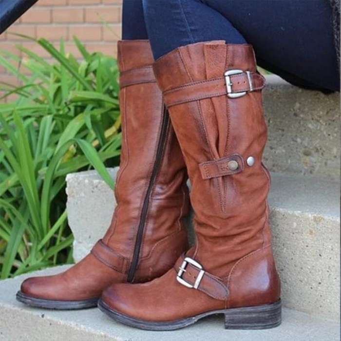Flat Heel Women Round Toe Mid-Calf Boots