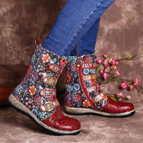 Red Flower Printed Buckle Flat Heel Boots