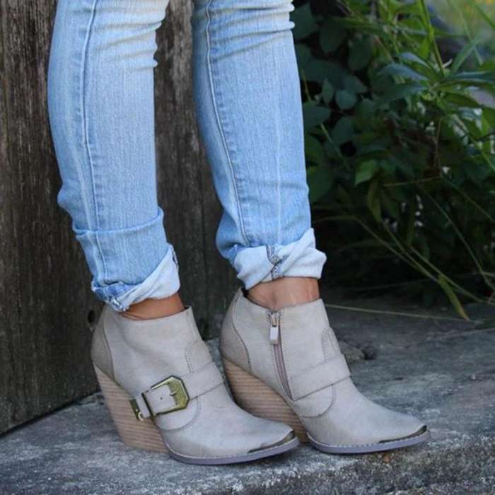 Plus Size Vintage Leather Zipper Chunky Heel Ankle Booties