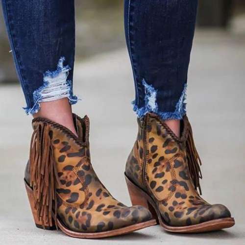 Fashion Leopard Tassel Low Heel Shoes Non-Slip Boots