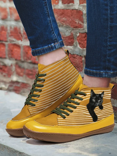 Cat pattern Daily Spring Leather Flat Heel Boots