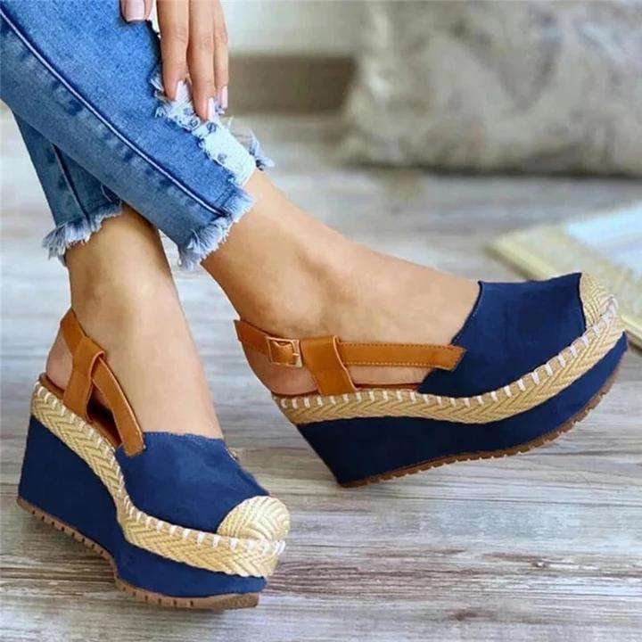 women's buckle round toe slingbacks wedge heel platforms