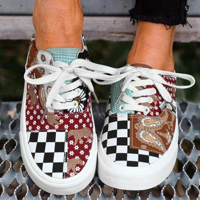 Women Casual Fashion Canvas Print Lace Up Sneakers
