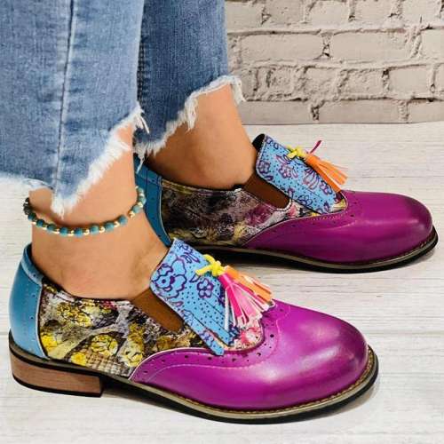 Women Casual Retro Pu Purple Tassel Slip On Loafers