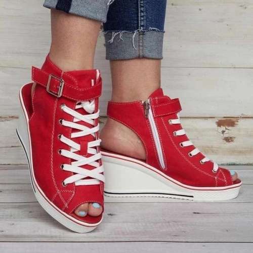 Women's Fish Mouth Wedge Slingback Canvas Shoes