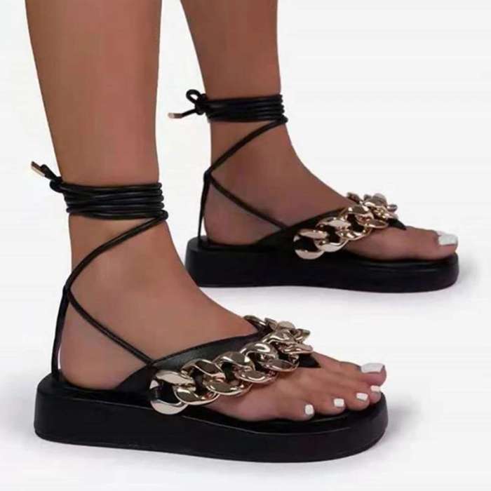 Women Fashion Comfortable Pu Chic Chain Lace-up Platform Sandals