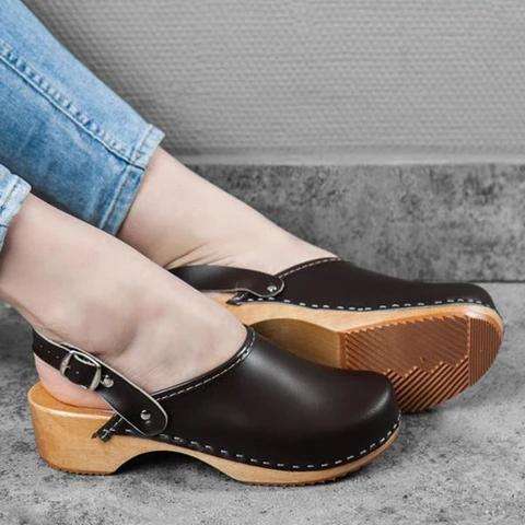 Faux Leather Clogs Strap Buckle Wooden Sole Sandals