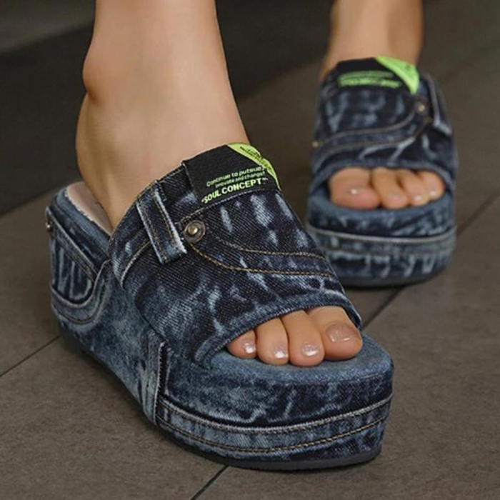 Women Casual Comfortable Denim Pure Color Wedge Heel Sandals