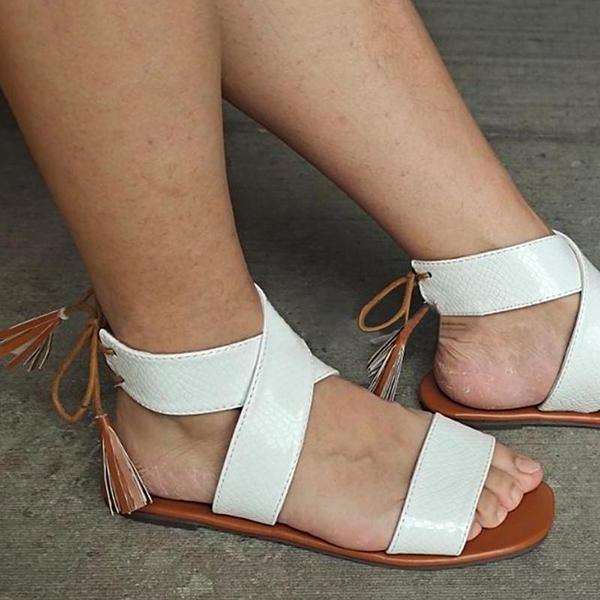 Women Casual Simple Daily Pu Cross-Strap Tassel Lace-Up Flat Sandals
