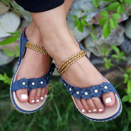 Women Casual Comfy Daily Pu Applique Rhinestone Flat Sandals