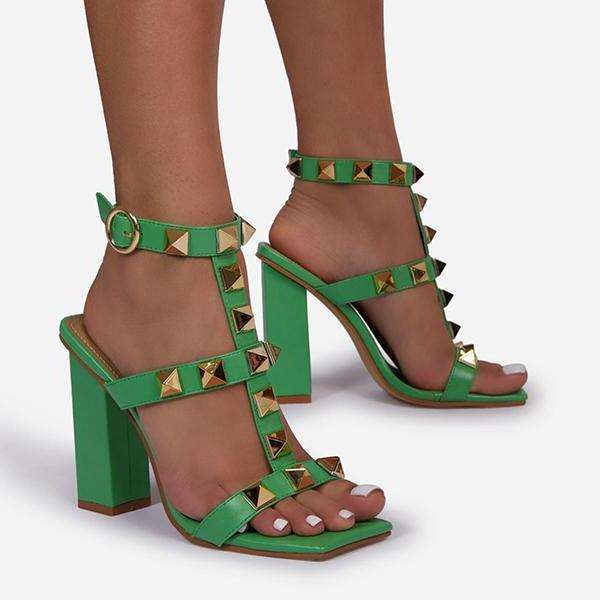Studded Detail Caged Square Toe Block Heels