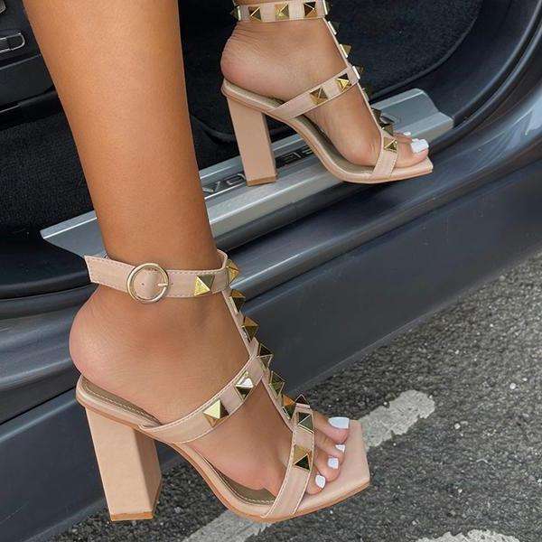 Studded Detail Caged Square Toe Block Heels