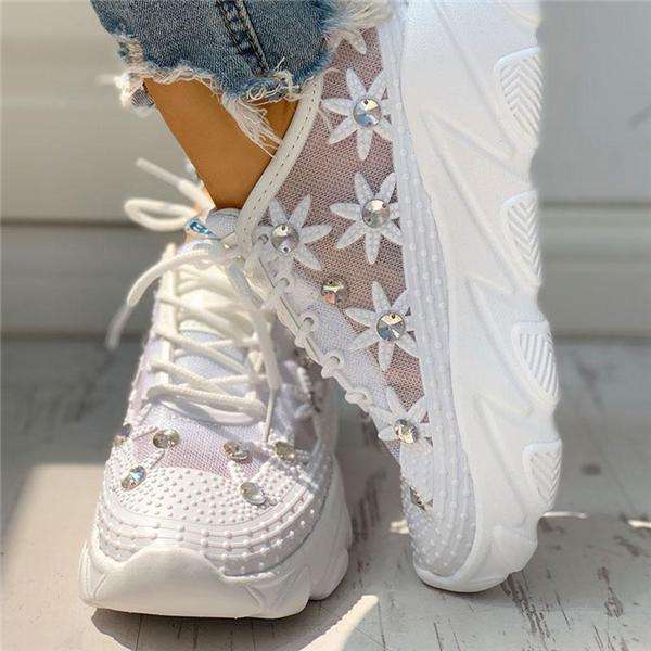 Wedding Mesh Diamante Trim Lace-Up Sneakers