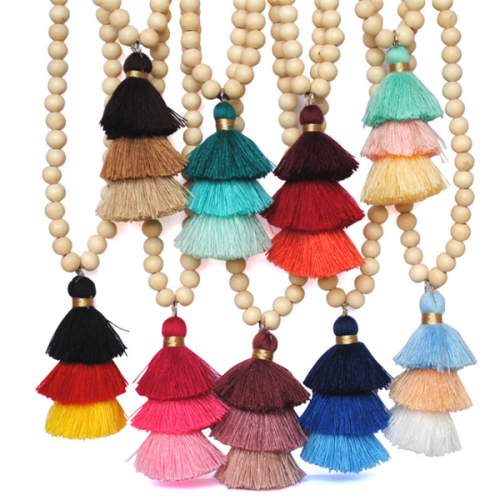 Womens Wood Beads Tassel Long Necklace
