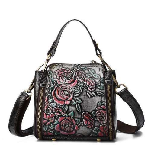 Embossed Craft Flower Handbag Genuine Leather Crossbody Bag