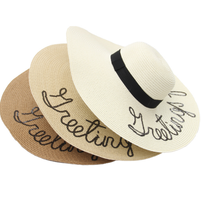 Women Fashion Summer Big Wide Brim Straw Hat  Letter Embroidery Beach Hat