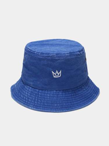 Unisex washed Made-old Cotton Solid Color Crown Pattern Embroidery Simple Bucket Hat