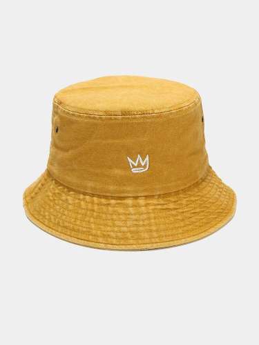 Unisex washed Made-old Cotton Solid Color Crown Pattern Embroidery Simple Bucket Hat
