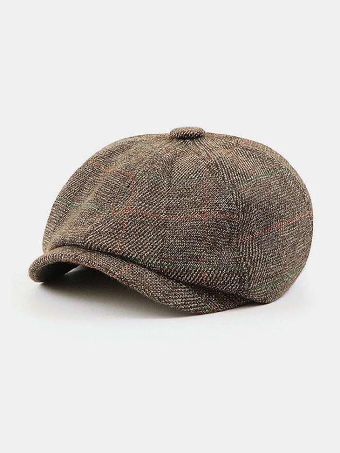 Men British Style Retro Elastic Casual Lattice Pattern Painter Newsboy Hat Beret Hat Octagonal Hat