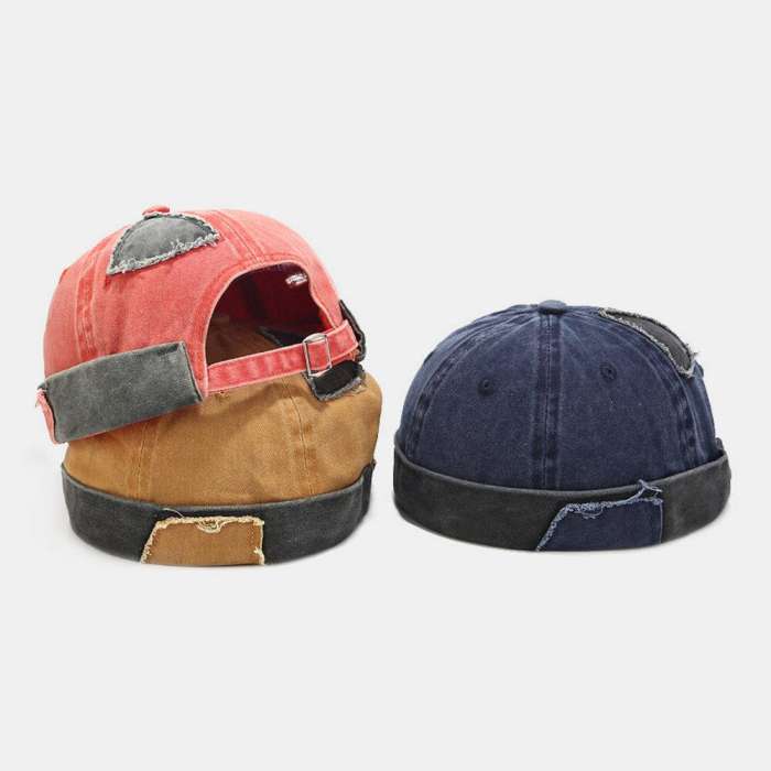 Men & Women Cotton Made-old Washed Patch Hole Patchwork Color Casual Yuppie Brimless Landlord Hat Skull Hat Beanie