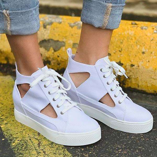 Fashion Hollow Lace-Up Canvas Platform Casual Sneakers
