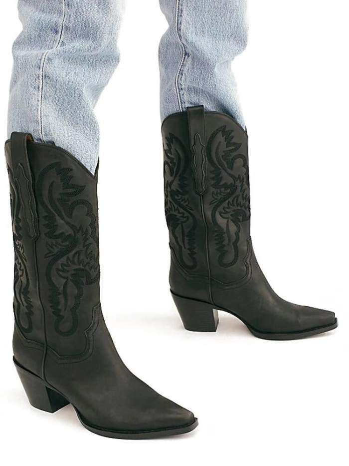 Plus Size Retro Women Pattern PU Western Embroidered Chunky Heel Mid-calf Cowboy Boots
