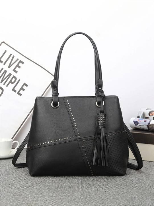 Simple Studded Design Tassel Decor Handbag Double Zipper Pocket Texture Hardware Crossbody Bag