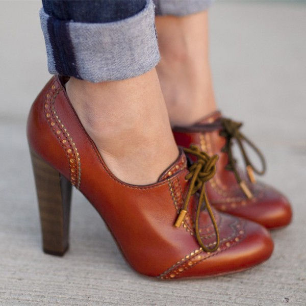 Tan Lace up Oxford Heels Vintage Shoes Chunky Heels Shoes