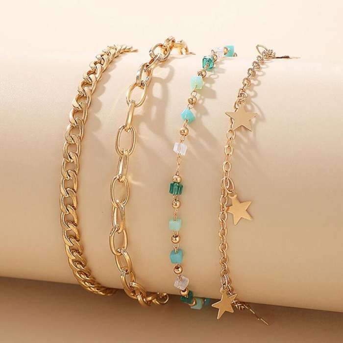 4Pcs five-pointed Star String Beads Wheat Anklet Set